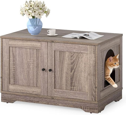 Tangkula Cat Litter Box Enclosure, Wooden Kitty Washroom Cabinet w/Winding Entry & Cat Hole, with Divider, Hidden Double Enclosed Litter Box Furniture for Living Room, Bedroom, Entryway (Grey)