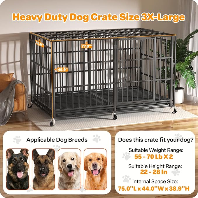 Heavy Duty Dog Crate 78 Inch, Indestructible Dog Crate with Removable Tray, Escape Proof & High Anxiety Dog Kennel Indoor, Metal Dog Cage with Wheels for Large Dogs, XL XXL XXXL