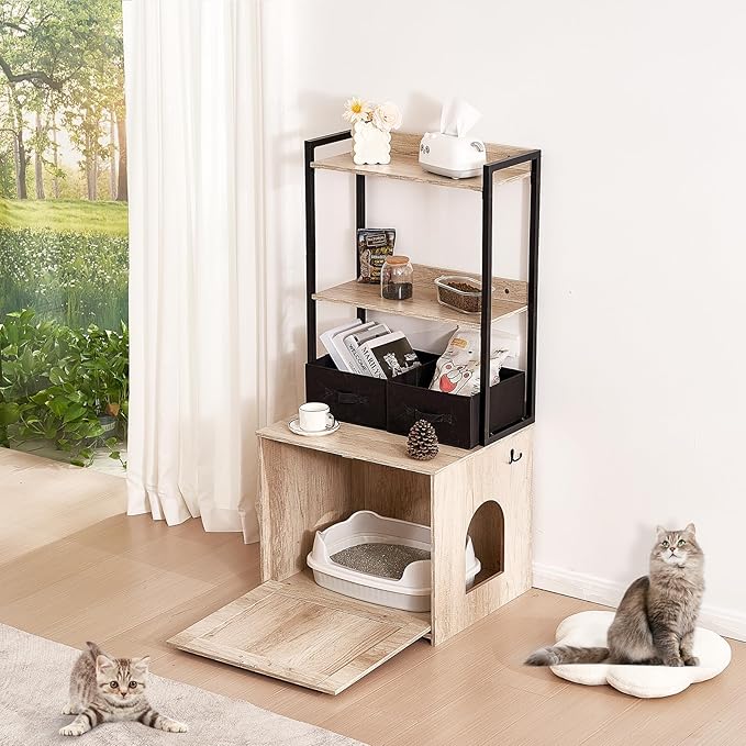 VEVOR Cat Litter Box Enclosure, Hidden Litter Box Furniture with 2 Storage Shelves & 2 Baskets, Wooden Cat Washroom Indoor, Cat House Cabinet Fit Most of Litter Box, 23.6"L x 19.7"W x 50"H, Natural