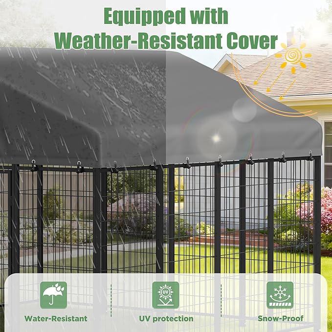 Heavy Duty Outdoor Dog Kennel for Yard, 8x8 Medium Steel Chain Link Fence with Roof, Dog Run Enclosure with Feeding Bowl & Self-Locking Latch