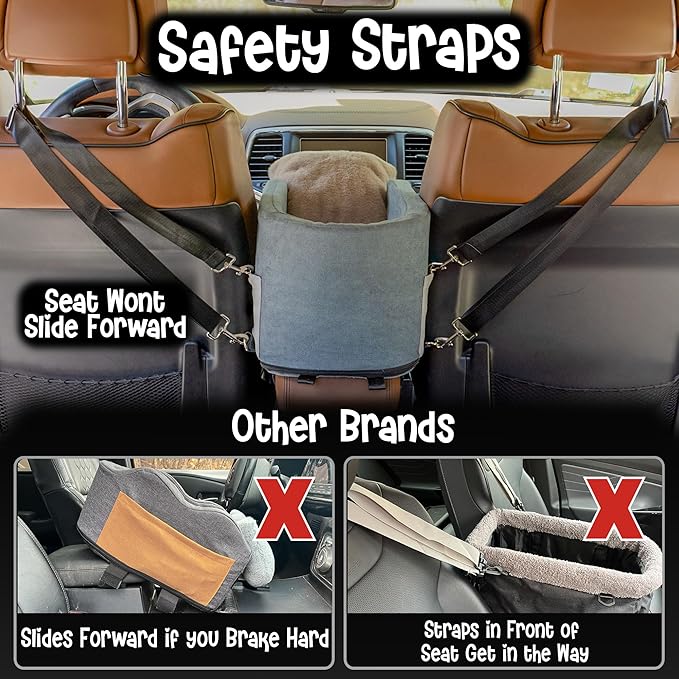 Center Console Dog Car Seat | 11 lbs MAX | Safety Straps & Leash | Comfortable Foam and Plush Pillows | Adjustable Mount Design | Large Storage Pockets | Perfect for Small Pets & Cats (Grey)