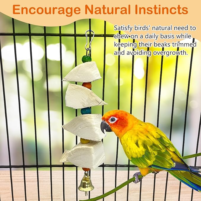 3 Pack Bird Chewing Toy Cuttlebone Parrot Toy with Bell Hanging Bird Beak Grinding Stone Parakeet Cage Accessories for Small Budgies Lovebirds Cockatiels (Block, 4 Per Skewer)