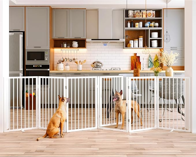 Vantas Folding No-Assembly Metal Pet Gate 120" Wide, 32" Extra Tall Dog Gate with Door Walk Through, Freestanding Accordion Puppy Gate Dog Door for Indoor & Outdoor, with 2PCS Support - White