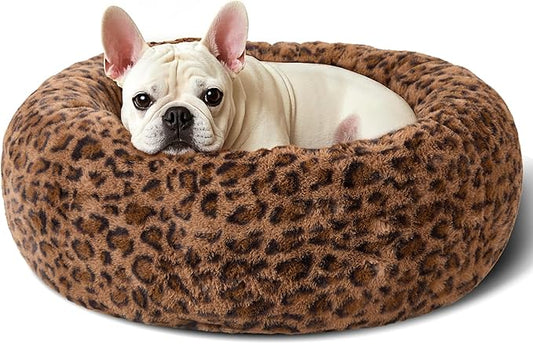 Dog Calming Beds for Small Medium Large Dogs - Round Donut Washable Puppy Dog Bed, Anti-Slip Faux Fur Fluffy Donut Cuddle Anxiety Cat Pet Bed (32" Leopard Print)