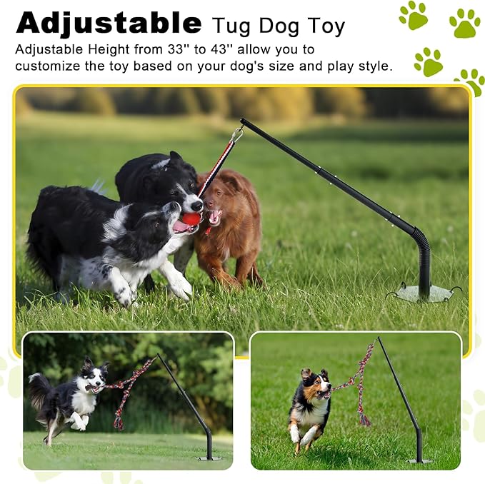 Outdoor Tug of War Dog Toy, Tether Interactive Dog Tug Toy Backyard Heavy-Duty Dog Solo Play Exercise Toy for Large Medium Dogs, Height Adjustable, 2 Rope Toys