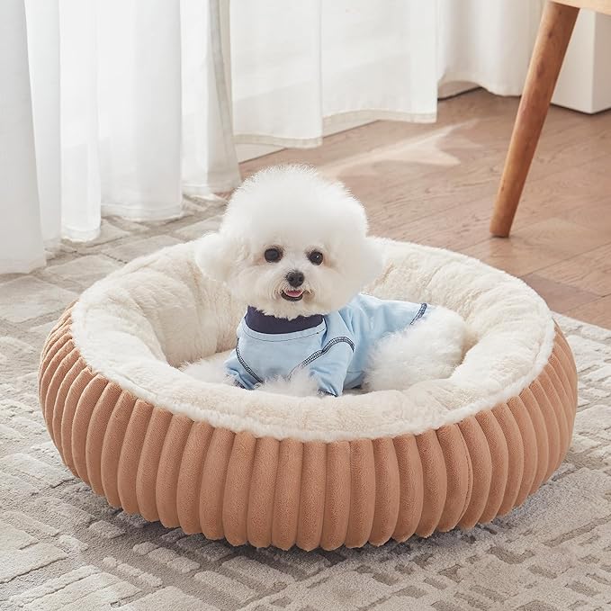 23 inches Donut Dog Bed for Small Dogs - Calming Round Puppy Bed with Removable Cover, Washable Milk Plush Faux Fur Pet Bed for Cats, Fits Pets up to 15 lbs(Brown,Small)