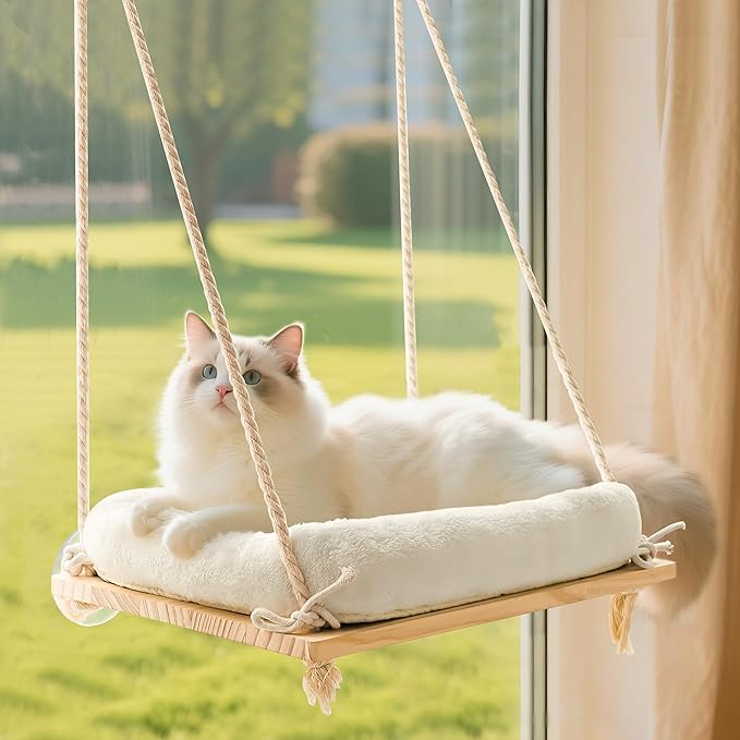 Cat Window Perch, Rustic Cat Hammock Bed with Solid Wood Seat 4 Heavy Duty Suction Cups, Plush Cushion, Indoor Pet Window Hammock for Cats for Large Cats