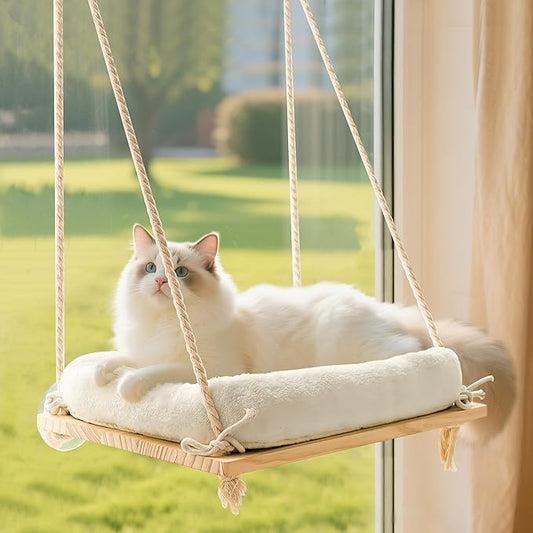 Cat Window Perch, Rustic Cat Hammock Bed with Solid Wood Seat 4 Heavy Duty Suction Cups, Plush Cushion, Indoor Pet Window Hammock for Cats for Large Cats