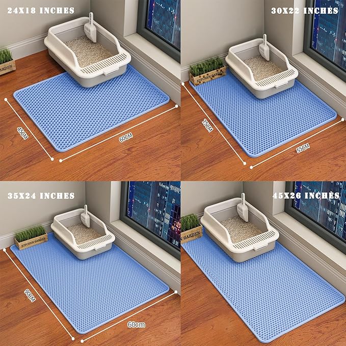 HCY&WLD Cat Litter Mat, Honeycomb Double Layer Cat Litter Trapping Mat, Waterproof Urine Proof Non-Slip, Scatter Control, Less Waste, Easier to Clean (Blue, 35" X 24")