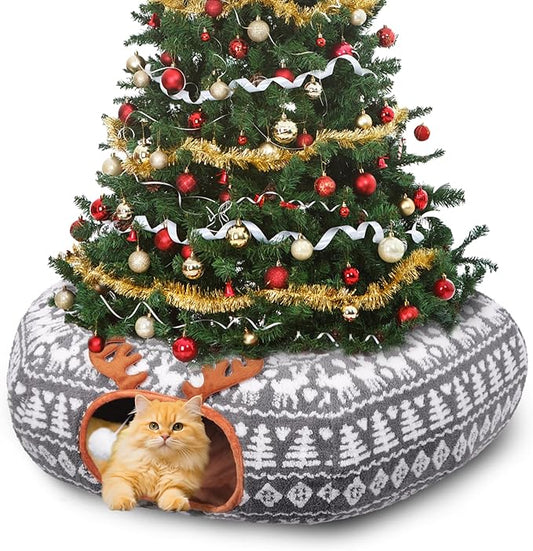 Christmas Cat Tunnel Bed - Cat Tunnels Christmas Tree Skirt for Indoor Cats - Soft Plush Cats Donut Cave with Washable Mat, Pet Play Toy Xmas Decor for Kitten, Rabbit, Puppy, Small Animal