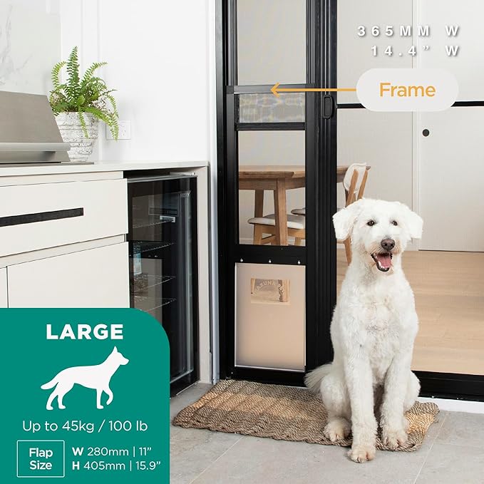 Hakuna Pets V2 Patio Pet Door Screen Insert Panel for Sliding Doors, Fits Door Track Min Ht 62.99" to Max Ht 84.25",UV Resistant Mesh, Locking Magnetic Dog Door, Easy Install and Removal,Large,Black