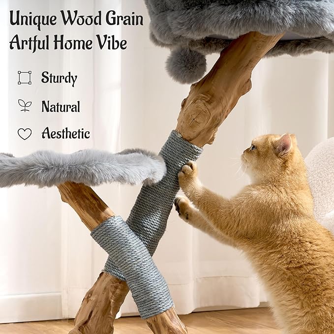 Natural Wood Cat Tree for Indoor Cats Adults, 33in Modern Cat Tree Tower with Super Soft Plush Cat Bed & Perch, Sisal Scratching Posts and Hanging Plush Ball, Frost Gray