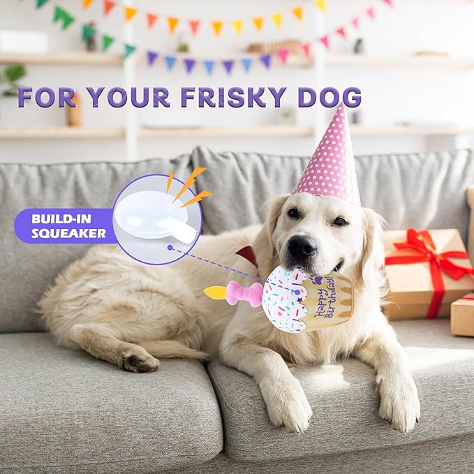 Dog Birthday Toy, Birthday Cake Plush Squeak Dog Toys for Puppy Gifts, Unique Bone Candle Design, Dogs Party Decor