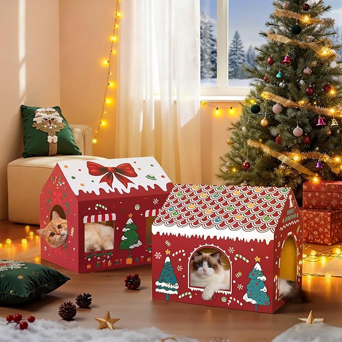 WESTERN HOME Cardboard Cat House W/Scratcher, Christmas Cat Houses for Indoor Cats (16.5''x12''x15''), Bunny&Kitten Hideaway Cats Scratching Playhouse for Christmas Decorations