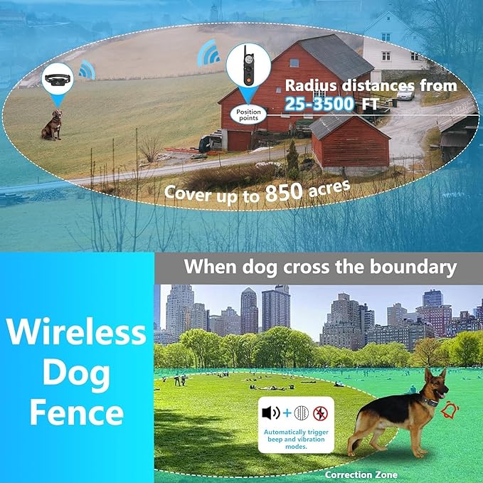 Wireless Dog Fence & Electronic Training Collar 2 in 1, 3500FT Wireless Fence, 6100FT Remote Training, IPX7 Waterproof Collar 185 Days Rechargeable Battery