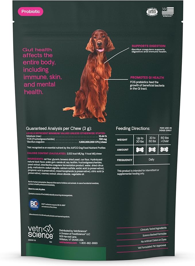 VetriScience Gut Health Chews, Probiotic Everyday Digestive Supplement for Dogs, Pet Probiotics for Digestion Support, Gas and Diarrhea, Immune Support, 1 Billion CFU Per Chew, Duck, 120 Count