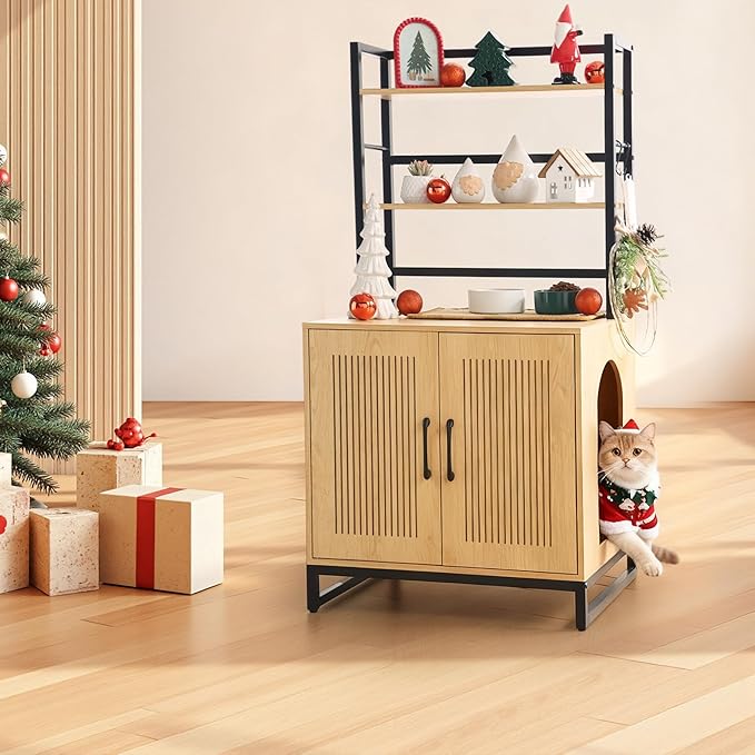 Cat Litter Box Enclosure with 2 Storage Shelves, 2-in-1 Large Hidden Wooden Pet House Furniture with Scratching Mat/Feeding Station/House Condo, Cat Cabinet with Barn Door for Entrance (Shelves)