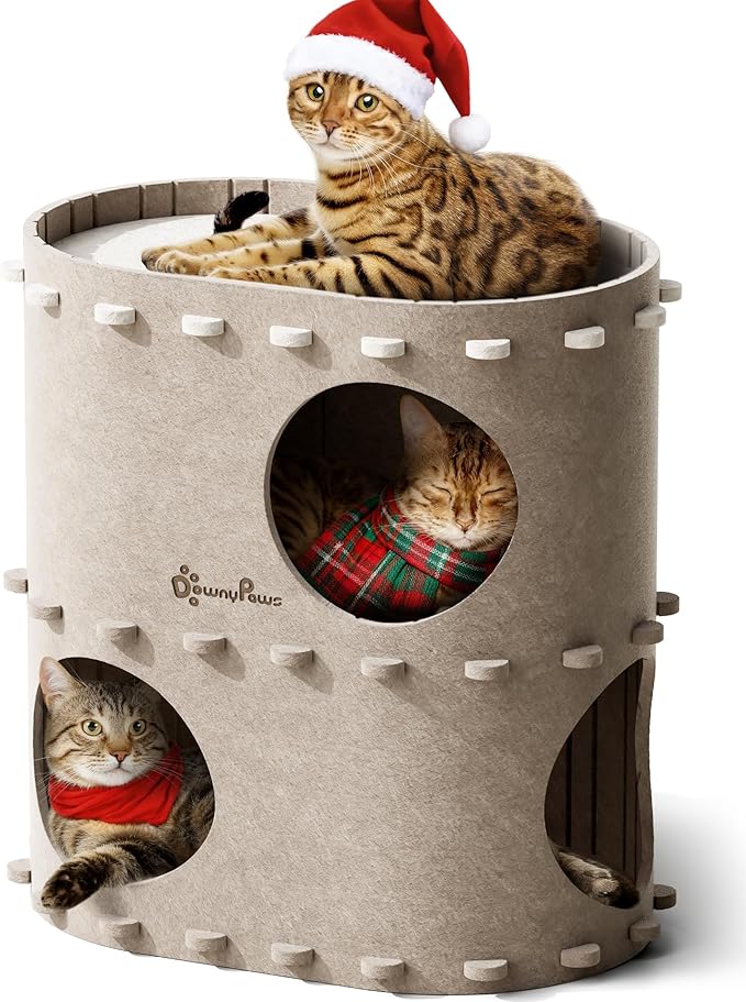 DownyPaws Cat House for Indoor Cats, 2-Storey Foldable Cat Bed Cave, Felt Cats Tunnel Bed Condo, Castle Kitten Cube Hideaway for Multicats, Scratch Resistant, Cream