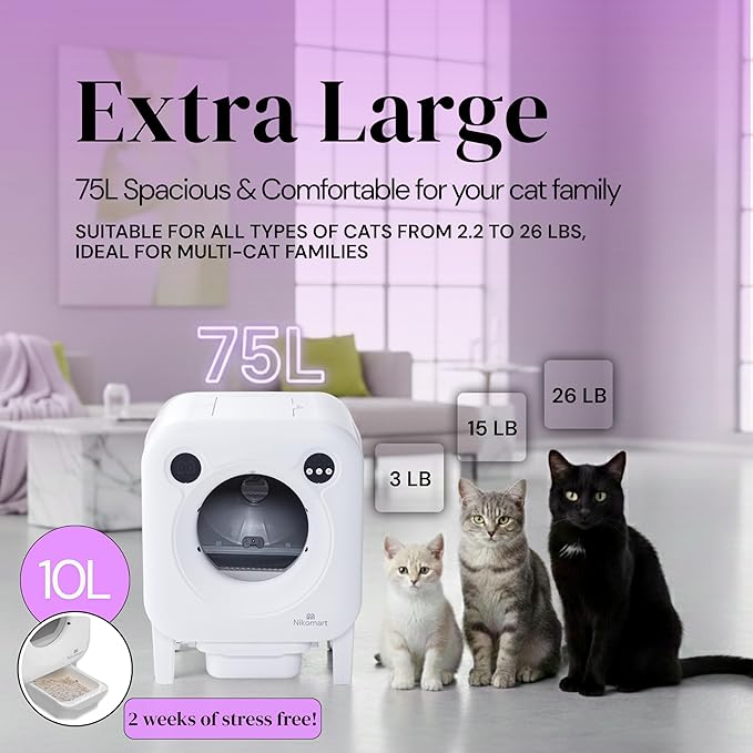 Automatic Litter Box 75L Extra Large Capacity for Multiple Cats - Self-Cleaning Litter Box with Camera, Intelligent Exhaust System, Safety Sensors and App Control for Your Smart Home
