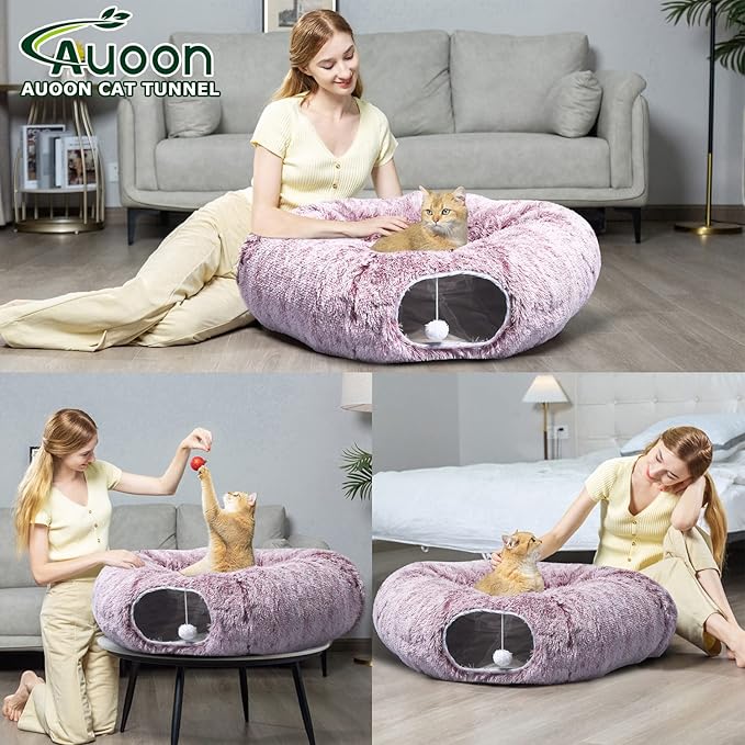 AUOON Cat Tunnel Bed for Indoor Cats - Christmas Tree Cat Tunnel, Circle Peekaboo Cat Cave with Washable Mat for Indoor Cats Kitten Kitty Puppy Rabbit Ferret (Rosiness)
