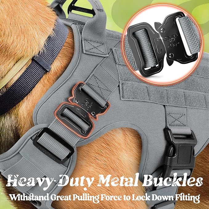 rabbitgoo Tactical Dog Harness for Large, Heavy Duty Pet Harness with Handle, No-Pull Service Vest Large Breed, Adjustable Military Dog Vest for Training Hunting Walking, Grey, XL