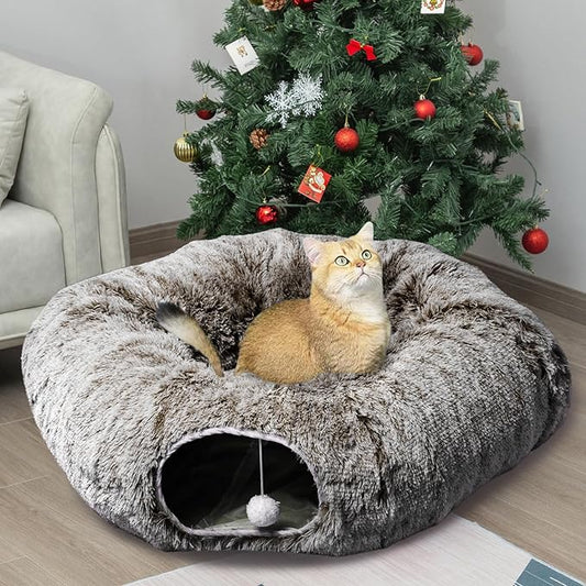 AUOON Cat Tunnel Bed - Christmas Tree Cat Tunnel, Cat Donut Tunnel with Soft Plush Circle Cushion for Indoor Cats Kitten Kitty Puppy Rabbit Ferret (Brown)