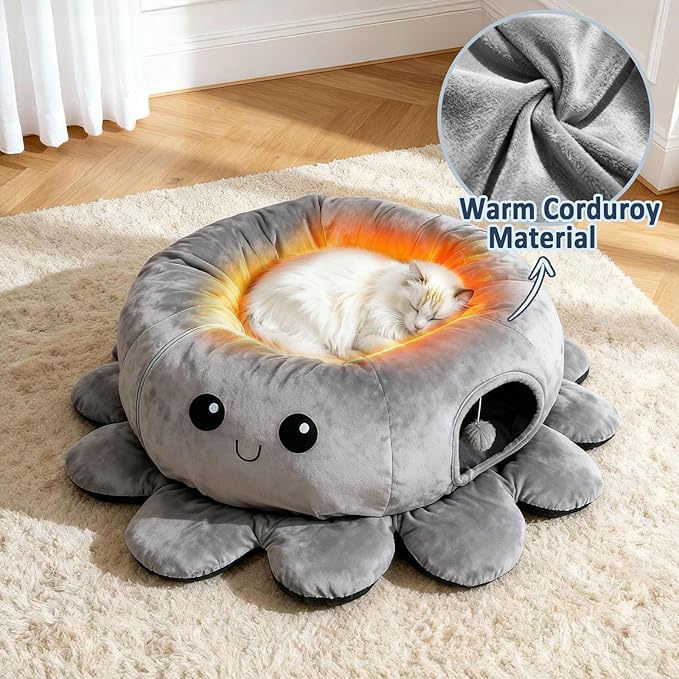 Cat Tunnel Bed for Indoor Cats, Peekaboo Cat Cave Bed, Cat Tunnel Christmas Tree Skirt, Octopus Shaped