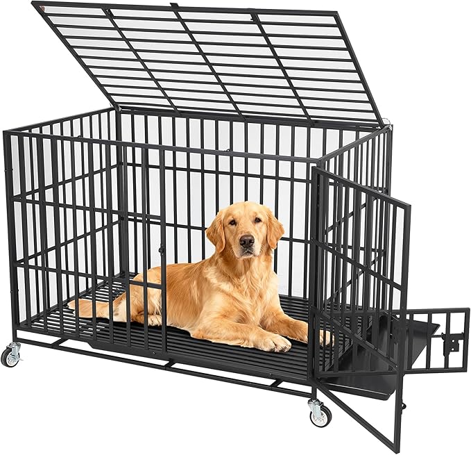 Garvee 49 Inch Heavy Duty Dog Crate, Metal Escape Proof Dog Kennel Indoor with 3 Doors, Removable Tray, Extra Large Dog Cage with Wheels for Large and Medium Dogs, Black