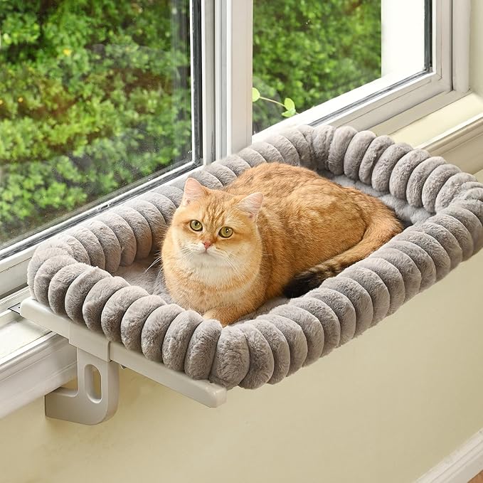 Cloud-Cuddle Cat Window Perch with 4-Sided Bolster, Zipper Design Cushion Window Seat for Window Sill, Sturdy Metal Frame & Easy Assembly Pet Hammock Bed for Indoor Cats (Gray, Large)