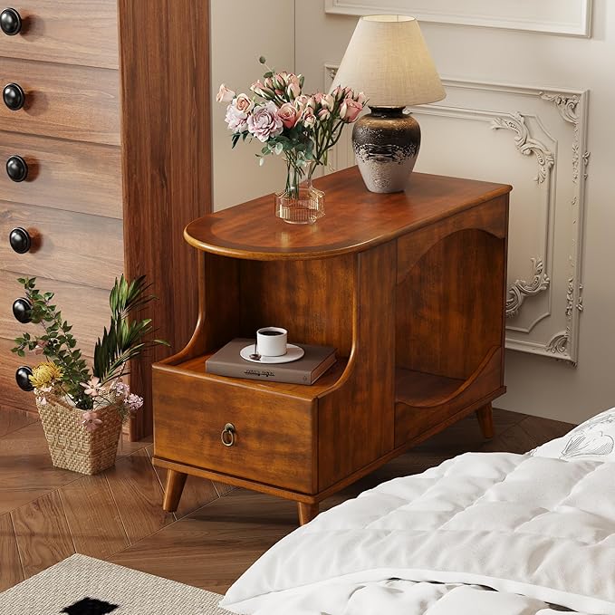 Farmhouse Cat Litter Box Enclosure End Table with Drawer and Open Space, Wood Beside Table, Hidden Litter Box Furniture,15.7" x 31.5" x 23.2" for Living Room, Hallway, Walnut Brown MGBJ-A1359-MG