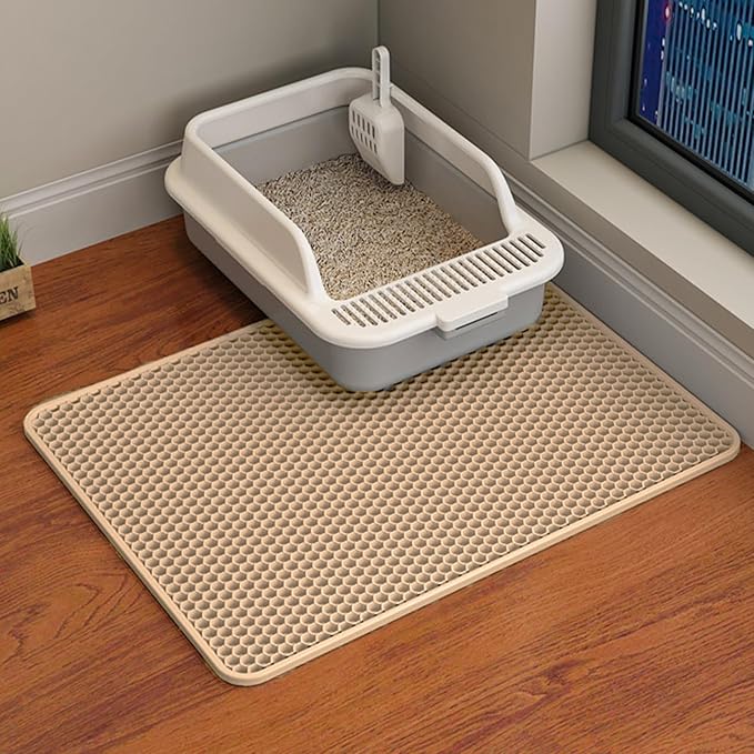 HCY&WLD Cat Litter Mat, 45x26/35x24/30x22/24x18 Inch Double Layer Cat Litter Box Mat, EVA Non-Slip, Waterproof Urine Proof Cat Litter Catcher Mat, Easy Clean Scatter Control (24x18 Inch, Khaki)