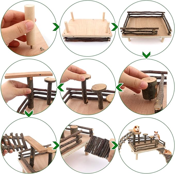 HOSUKKO Hamster Climbing Toys - Wooden Activity Set with Large Bridge, Apple Wood Chewing Toys for Small Pets