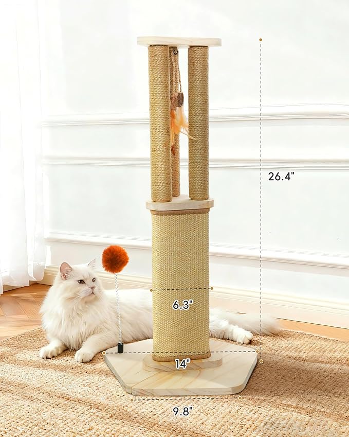 Cat Scratching Post, 26.3 Inch Scratch Post for Indoor Cats, Sisal Scratcher Posts for Medium/Small Cat, with Sturdy Wood Hexagonal Base, Silver Vine Feather Toy & Scratch Pad, Kitten Toys