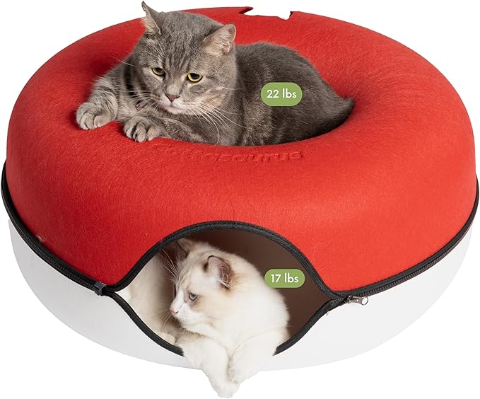 Cattasaurus Peekaboo Cat Cave Donut for Multiple & Large Cats up to 30-45 lbs, 3-in-1 Self Warming Cat Bed, Tunnel & Scratcher for Indoor Cats, Washable & Detachable Dog Bed (Ruby Snowball, Large)