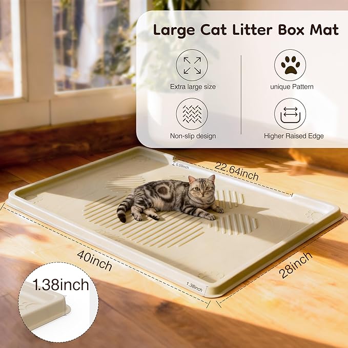ISSEVE Cat Litter Mat 40" x 28" XL, Extra Large Silicone Mat for Litter Box, 1.38" Raised Edge Urine Waterproof Litter Trapping Mat Pad for Scatter Control, Soft on Kitty Paws, Protect Floor (Beige)