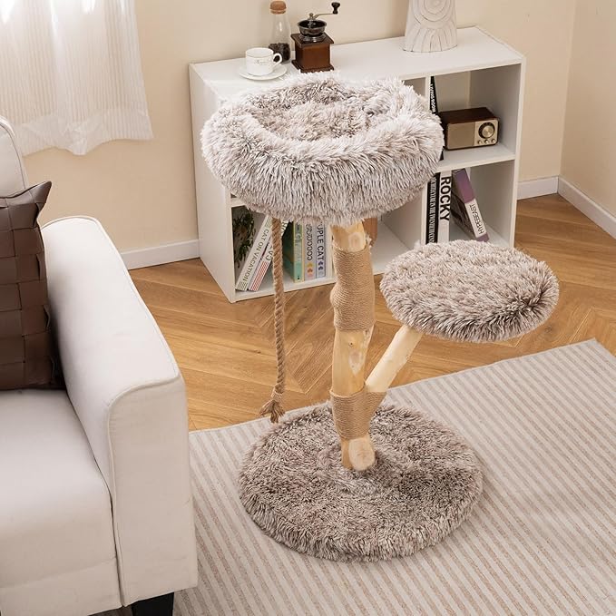 Tangkula Solid Wood Cat Tree, Modern Cat Tower with Scratching Post, Luxurious Perch & Platform, Teasing Rope, Natural Pear Wood, Soft Long Plush, Cute Cat Tree for Indoor Kittens