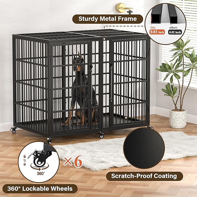 VERIFURTY 54 Inch Heavy Duty Dog Crate for Extra-Large Dogs with Self-Locking Latch, Escape-Proof Steel Kennel Indoor, XXL Large Double Door Metal Pet Cage with Wheels, Great Dan