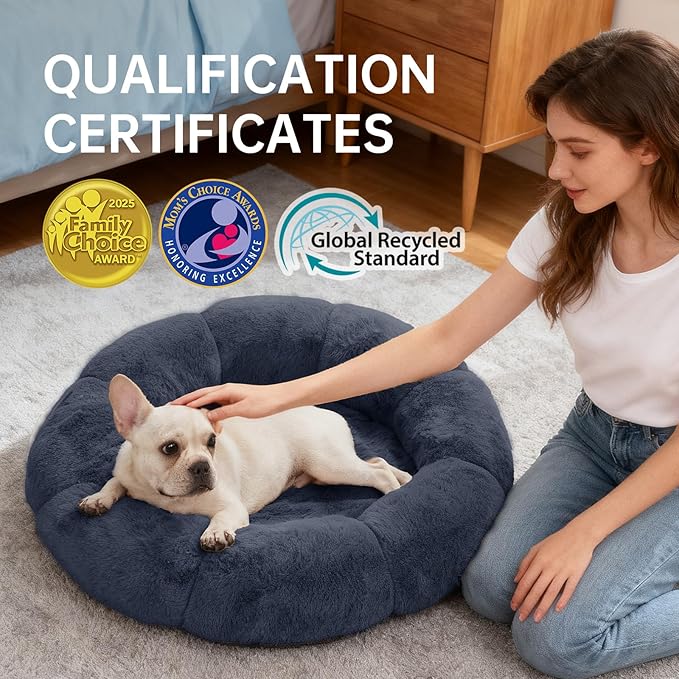 OhGeni 31 inches Calming Donut Orthopedic Dog & Cat Bed for Medium Pets, Warming Comfort Fluffy Short Pile Fur, Durable Waterproof Machine Washable Removable Cover, Cute Round Bed for Puppy, Blue