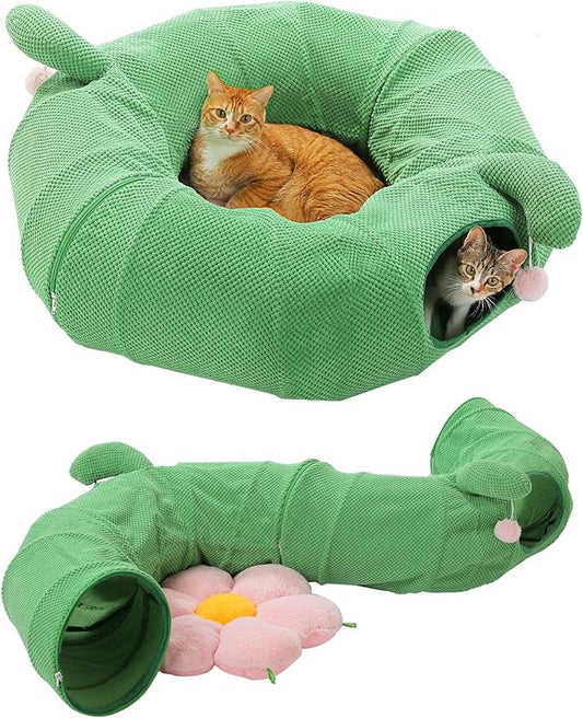 PEQULTI Cat Tunnel, Cactus Cat Tunnel with Flower Bed for Indoor Cats, Cat Donut Tunnel, Round Tube Toys Cute Tube for Kittens, Puppies, Rabbits and Ferrets, Green