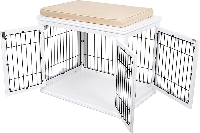 BIRDROCK HOME Decorative Dog Kennel with Pet Bed - Small Indoor Pet Crate, Double Door Design, Engineered Wood & Metal Wire, Furniture-Style House for Small Dogs, Side Table or Nightstand, White