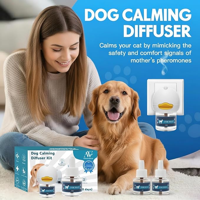 Dog Calming Pheromone Diffuser Kit | Natural Anxiety & Stress Relief for Dogs | Reduces Barking, Chewing & Restlessness | Covers Up to 700 sq ft – Vet Recommended | 60-Day Plug-In Refill Included