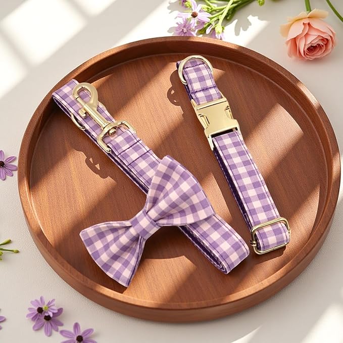 PETDURO Personalized Dog Collar Purple Gingham Plaid for Large Medium Dogs | Engraved Name and Phone Number on Gold Metal Buckle for Girls | Add Leash & Bow Tie via Customize Now