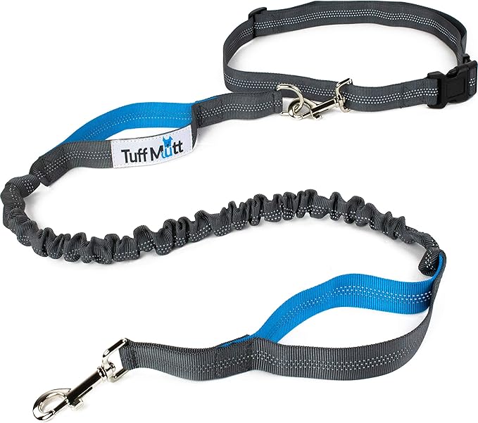 Tuff Mutt Hands-Free Waist Leash for Dog Walking, Running and Hiking, Adjustable Belt with Double Handle, Reflective Bungee Design for Large & Medium Dogs