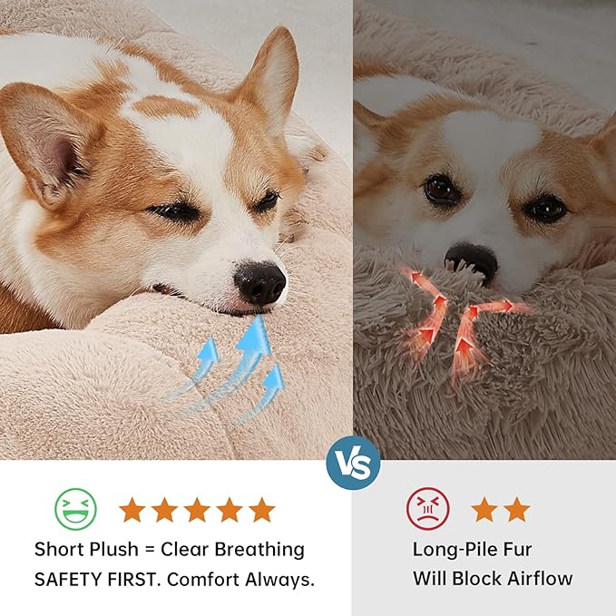 OhGeni 31 inches Calming Donut Orthopedic Dog & Cat Bed for Medium Pets, Warming Comfort Fluffy Short Pile Fur, Durable Waterproof Machine Washable Removable Cover, Cute Round Bed for Puppy, Cream