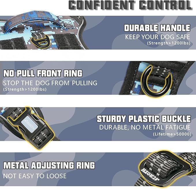 Auroth Tactical Dog Training Harness No Pulling Front Clip Leash Adhesion Reflective K9 Pet Working Vest Easy Control for Small Medium Large Dogs Blue Camo L