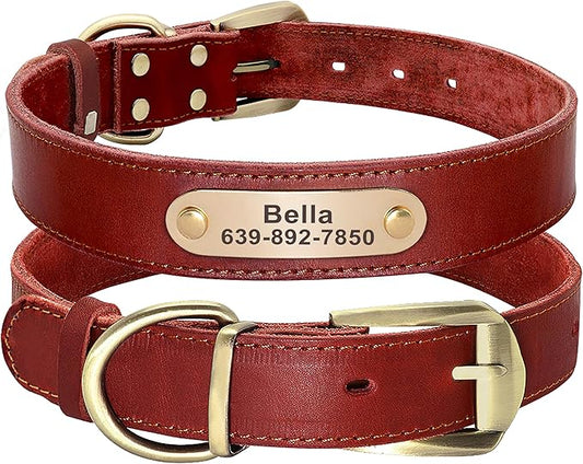 Didog Genuine Leather Dog Collars with Engraved Nameplate, Personalized Soft Leather Dog Collar with Custom ID Tag, Brown/Green/Red for Small Dogs (S,Red)
