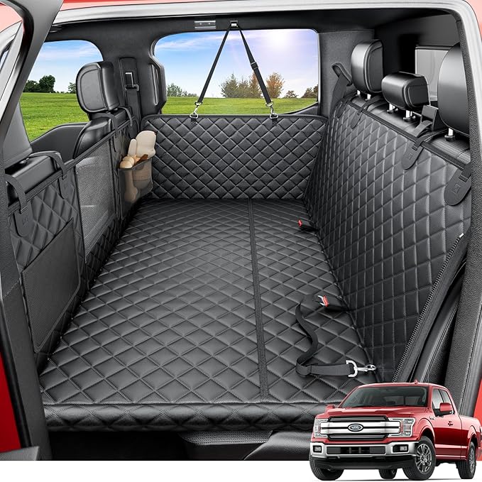 REEVAA Dog Truck Seat Cover for Back Seat, Hard Bottom Dog Hammock for Car, Pet Bed Extender for 2-4 Large Dogs, Waterproof Seat Protector, Universal XL Size Fits for Crew Cab Truck/SUV, Black