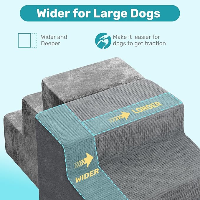 Dog Stairs for Bed, Extra Wide 4-Step Dog Steps for High Bed, High-Density Foam Pet Stairs with Non-Slip Removable Washable Cover for Small Pets, 18" H, Grey