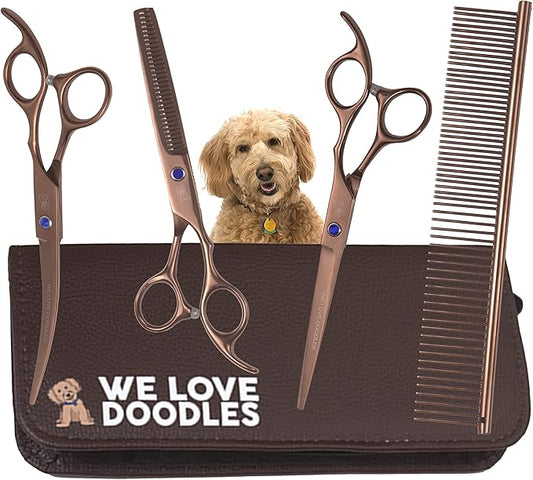 Dog Grooming Scissors Kit - Best Tools for Goldendoodles, Poodles & Doodles - Straight, Curved & Thinning Shears - Golden Doodle Grooming Kit - Professional Grade Steel, 4 Pc Set [We Love Doodles]