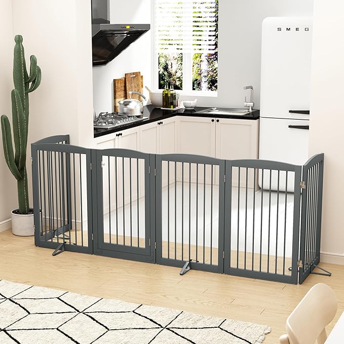 Freestanding Pet Gate with Door, Tall Dog Gate for House, Extra Wide, Pet Puppy Safety Fence, Support Feet Included, 120 Inch Wide, 6 Panels 32" Tall, Gray